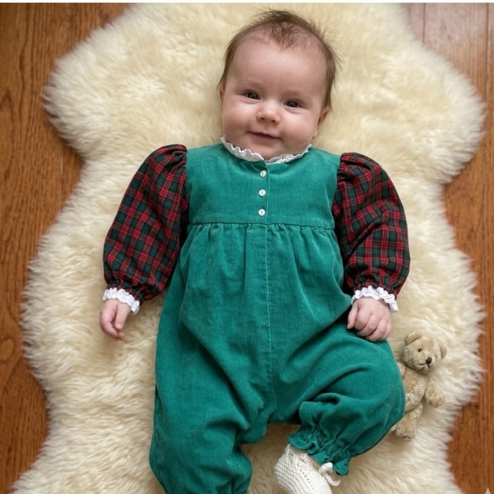 Vintage Handmade 1980s Green Corduroy & Red Plaid Long Sleeve Baby Romper